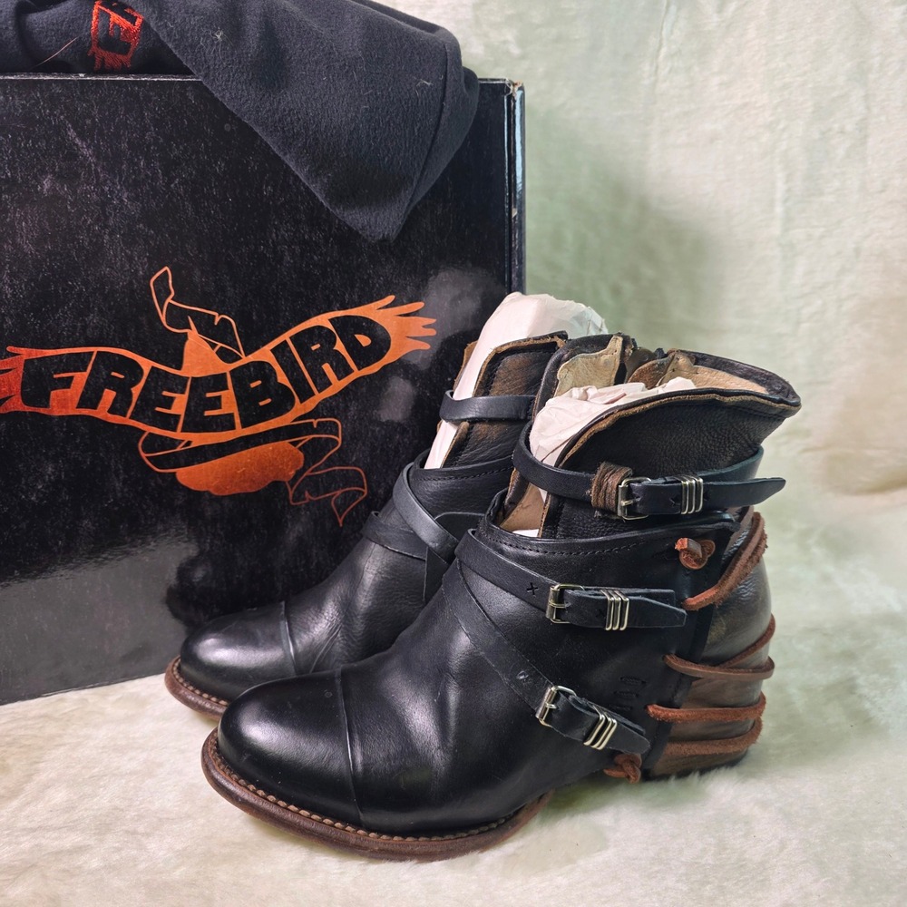 Freebird Crue Ankle Boots Black Multi Buckle Leather Strappy Moto Women 9
